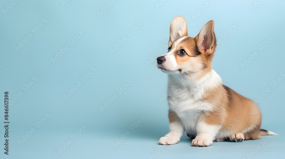 Adorable Welsh Corgi Puppy Sitting on Powder Blue Background with Blank Space Adorable Welsh Corgi Puppy Sitting on Powder Blue Background with Blank Space