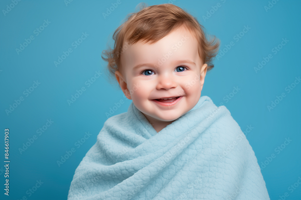 photography of happy smiling baby in light blue plain blanket, studio background photography of happy smiling baby in light blue plain blanket, studio background