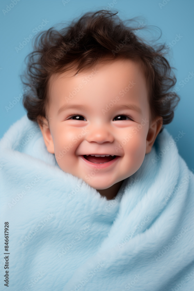 photography of happy smiling baby in light blue plain blanket, studio background photography of happy smiling baby in light blue plain blanket, studio background