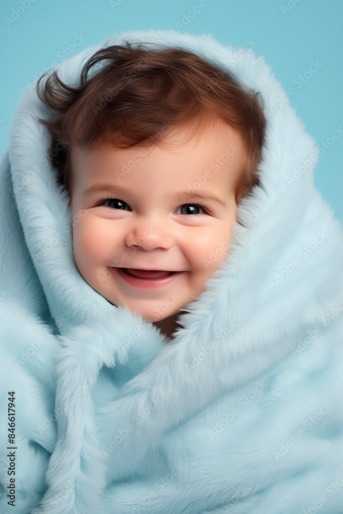 photography of happy smiling baby in light blue plain blanket, studio background photography of happy smiling baby in light blue plain blanket, studio background