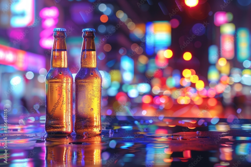 Glass bottle and neon light halo Glass bottle and neon light halo