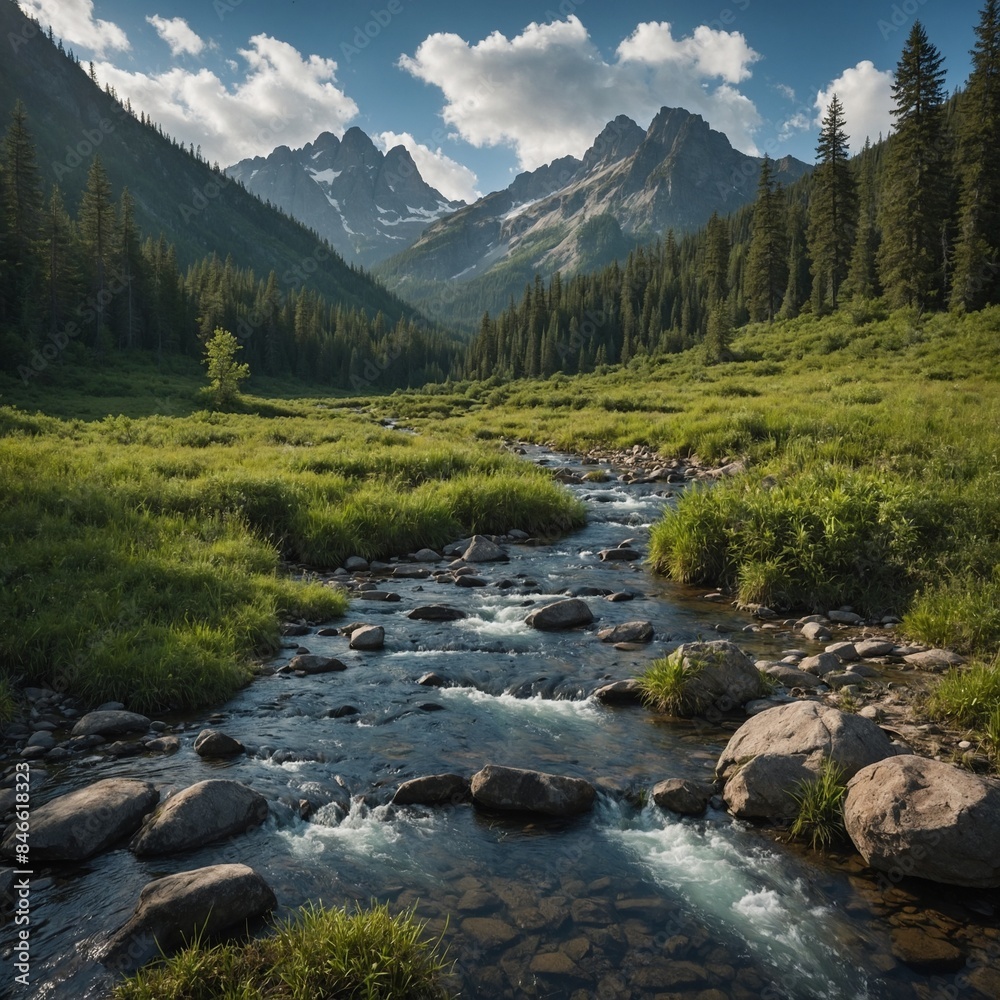Forested mountain valley with a clear stream.
Forested mountain valley with a clear stream.