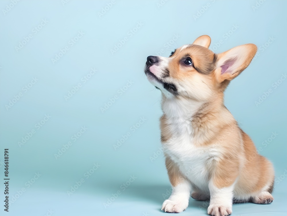 Cute Powder Blue Background Puppy Welsh Corgi Posing in Studio Cute Powder Blue Background Puppy Welsh Corgi Posing in Studio