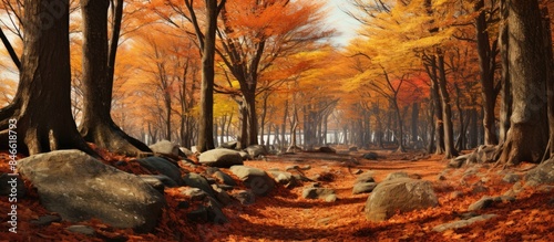 Fall foliage in the woodland setting with a generous copy space image.