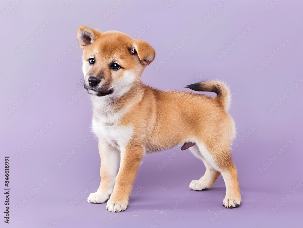 Cute Shiba Inu Puppy Standing on Solid Purple Background with Clear Space Cute Shiba Inu Puppy Standing on Solid Purple Background with Clear Space