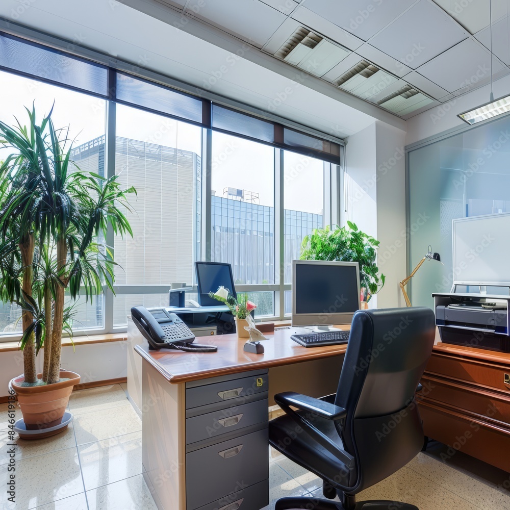 Fototapeta premium Office With Large Desk and Chairs