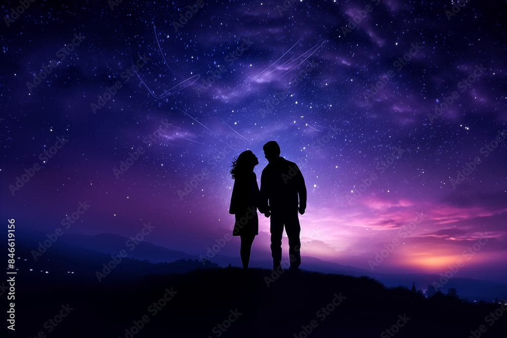 Couple standing on top of a mountain and looking at the night sky Couple standing on top of a mountain and looking at the night sky