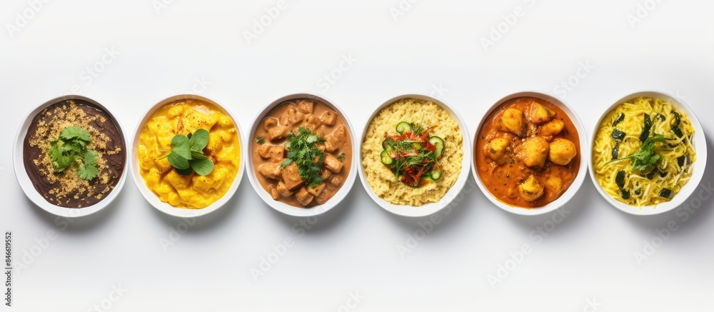 Delicious curry dishes arranged on a white backdrop with a copy space image available. Delicious curry dishes arranged on a white backdrop with a copy space image available.