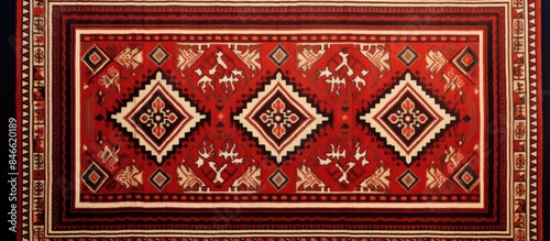 Arabian retro Sadu red rug with vintage traditional motifs, perfect for adding a touch of nostalgia to any space with a unique and timeless design on a copy space image. photo