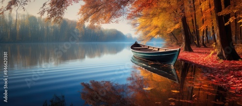 Vibrant autumn scenery with a boat on the lake within a forest setting, ideal as a nature background with copy space image.