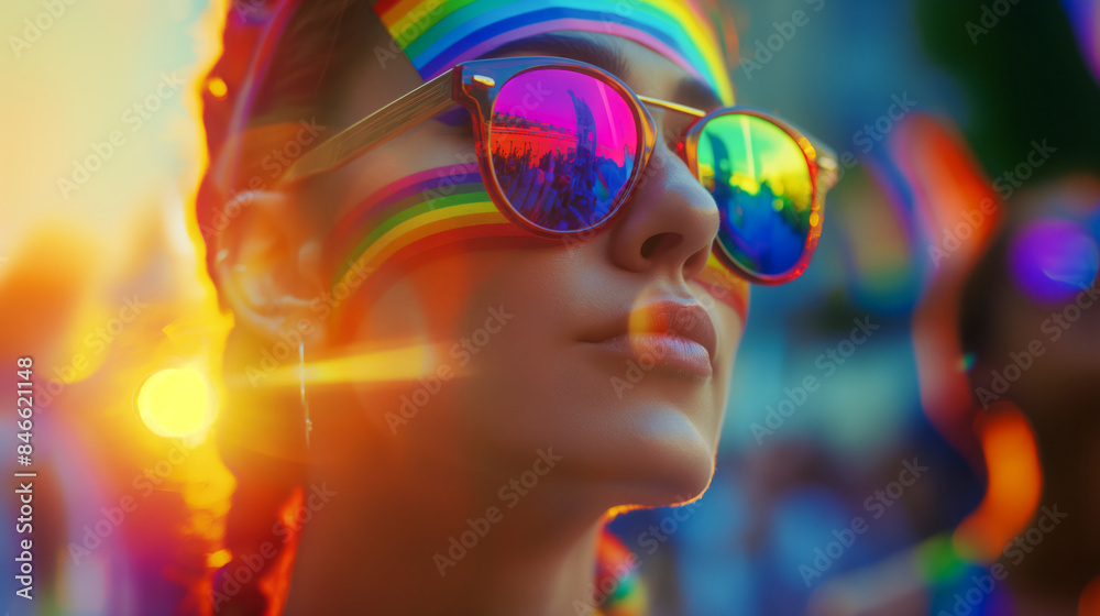 At the pride parade, rainbow flags reflect in the sunglasses of participants, adding a radiant touch to their expressions of joy and solidarity. At the pride parade, rainbow flags reflect in the sunglasses of participants, adding a radiant touch to their expressions of joy and solidarity.
