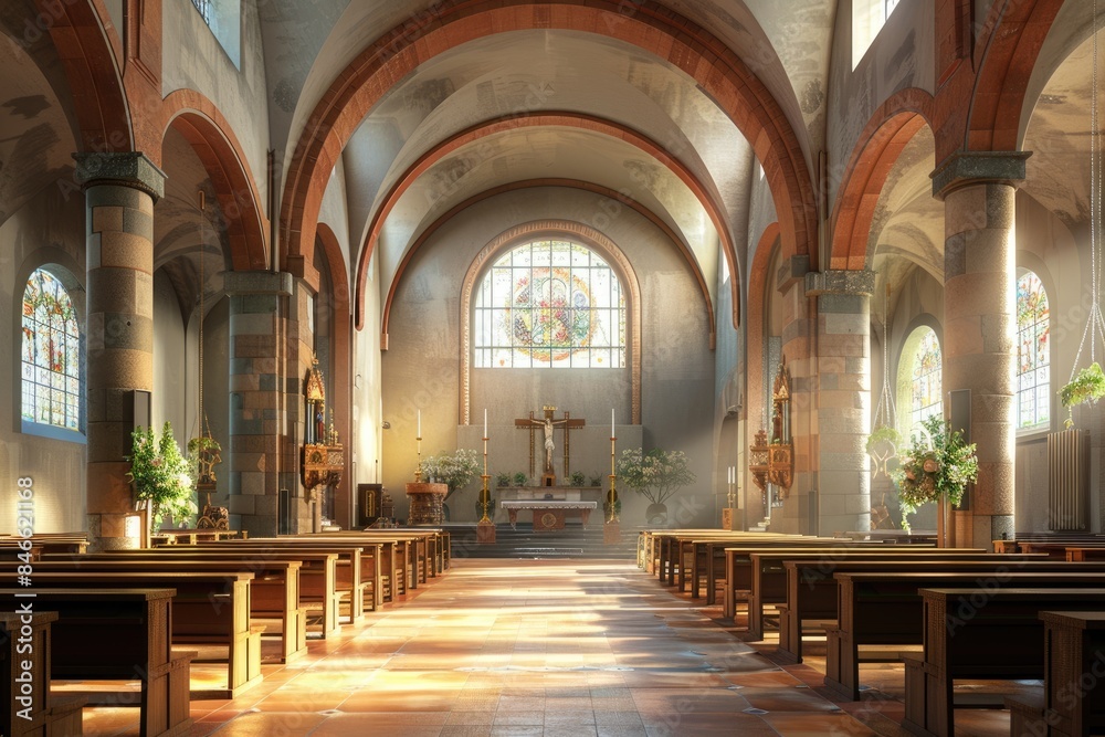The church and the tables and chairs inside The church and the tables and chairs inside