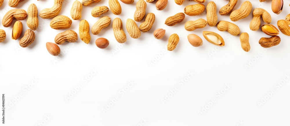 Top view of various peanut forms on a white backdrop with plenty of copy space image. Top view of various peanut forms on a white backdrop with plenty of copy space image.