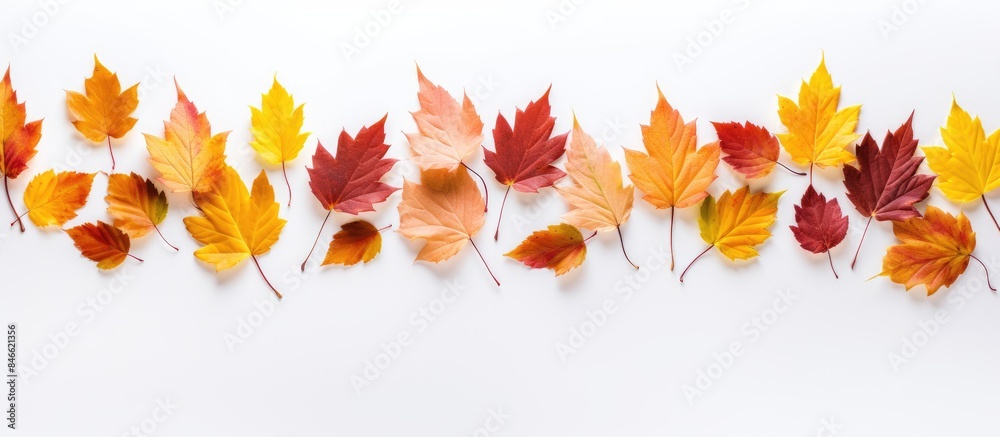 Autumn leaves arranged on a white background creating a flat lay composition with copy space image. Autumn leaves arranged on a white background creating a flat lay composition with copy space image.