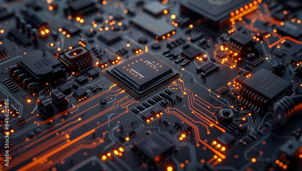 Close up of a black circuit board with a glowing chip, featuring a blue and orange color scheme
Close up of a black circuit board with a glowing chip, featuring a blue and orange color scheme