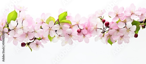 Spring blossoms of apple flowers beautifully displayed on a white background with room for additional text or graphics; ideal for a copy space image.