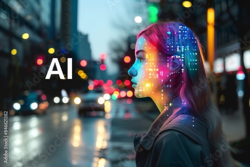 Woman with AI hologram interface in a vibrant cityscape at night, representing advanced artificial intelligence technology