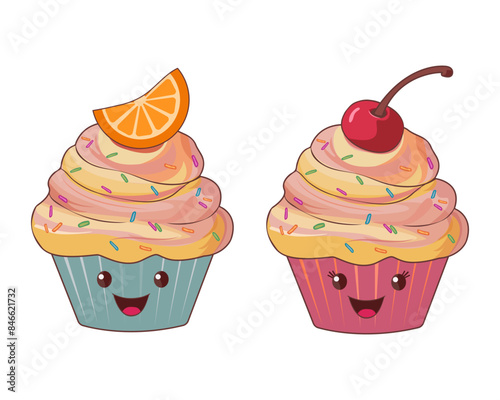 Set of cupcakes with fruit cream and berries.  Collection of delicious cupcakes. Cherry and orange cupcake with colored sprinkles. Isolated on white background. Vector