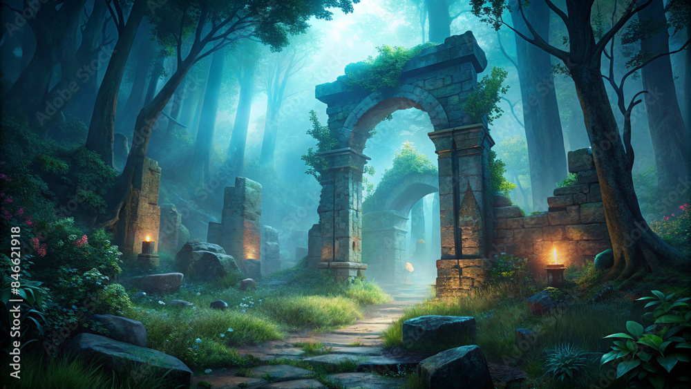 Mystical Pathway Through Enchanted Forest with Ancient Stone Ruins and Illuminated Lanterns - Serene Woodland Scene for Fantasy Exploration.