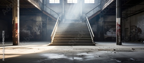 Abandoned factory featuring a large stone stairway with ample copy space image available.