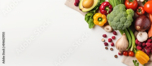 A banner with a white background displays a variety of fresh vegan and vegetarian foods, like fruits and vegetables, in a paper bag with room for additional text or images.