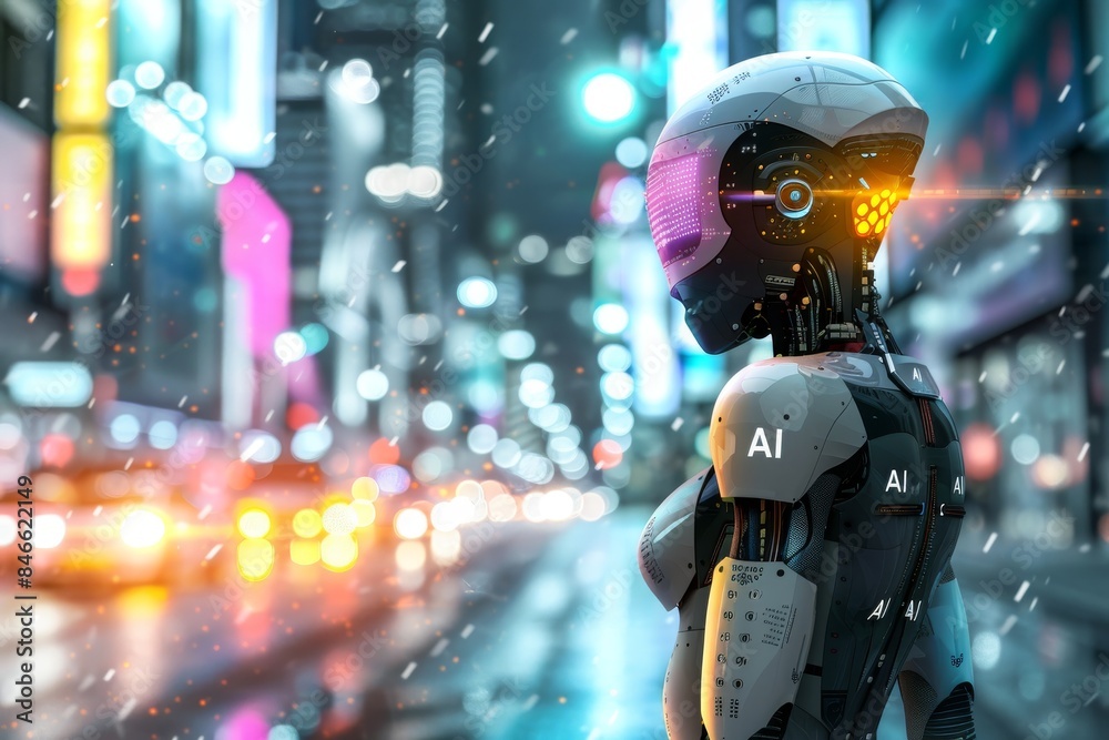 AI futuristic robot with neon lights in a cityscape at night, representing advanced technology and artificial intelligence AI futuristic robot with neon lights in a cityscape at night, representing advanced technology and artificial intelligence