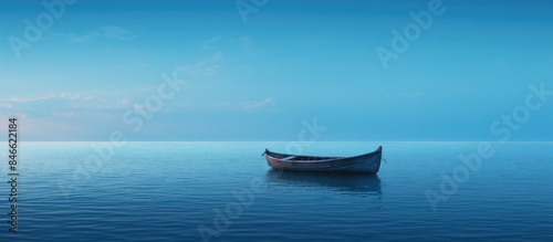 A solitary boat adrift in the vast ocean expanse, with an abundance of empty space in the background for text or design, known as a copy space image.