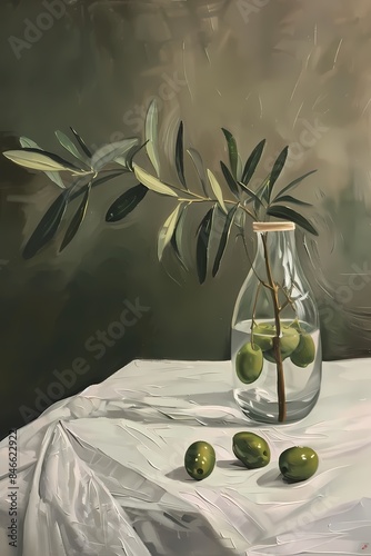 Still life Vintage oil painting wall art of an olive branch in the glass vase on neutral color background, wallpaper, wall art