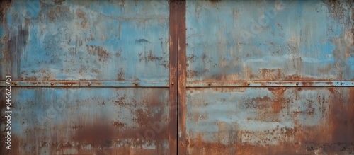 Rusty texture background with old blue iron doors in copy space image.