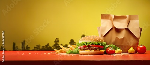 Fast food delivery concept depicted with a hand holding a food delivery bag and location pin in a copy space image. photo