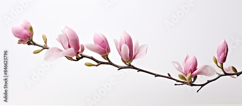 Singular pink magnolia bloom on a spring branch  depicted against a white backdrop with an empty space for additional content.