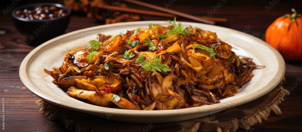 Delicious vegetarian braised cabbage with shiitake mushrooms, showcasing Chinese cuisine at a vegetarian food festival with a captivating copy space image. Delicious vegetarian braised cabbage with shiitake mushrooms, showcasing Chinese cuisine at a vegetarian food festival with a captivating copy space image.
