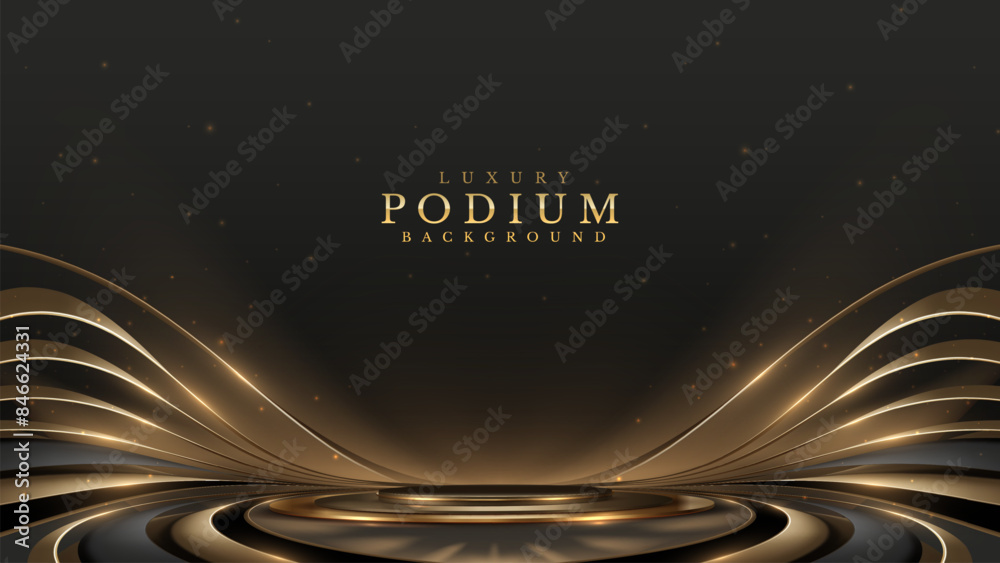Elegant black and gold podium background with flowing lines and ...