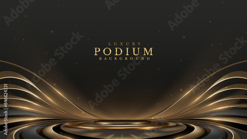 Elegant black and gold podium background with flowing lines and sparkling elements, perfect for luxury presentations and events. Vector Illustration.