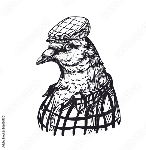 Sketch of a dove in clothes, realistic engraving style. hand drawn, vector illustration, black outline,