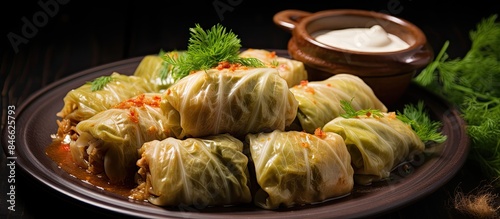 Cabbage rolls filled with meat, rice, and vegetables, known as sarma, golubtsy, or dolma, displayed on a dark rustic backdrop with copy space image. photo