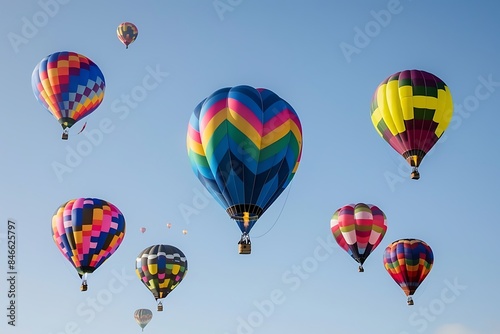 A group of colorful hot air balloons floating in a clear blue sky © crescent