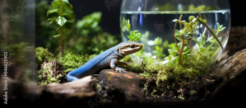 The skink lizard from the Scincidae family displays a blue tongue in a terrarium setting, making them popular pets with a distinct feature for a copy space image. photo