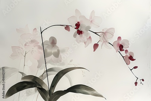 Vintage botanical watercolor painting drawing of a single white orchid flower branch on white color background, wallpaper, wall art