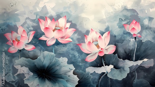 Vintage Chinese chinoiserie botanical watercolor painting drawing of pink lotus wall art, background, wallpaper, wall art