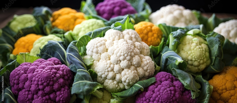 Cauliflower, from the Brassicaceae family, features compact florets in various colors with a mild, nutty taste, suitable for dishes like stir-fries and salads, highlighted in a copy space image. Cauliflower, from the Brassicaceae family, features compact florets in various colors with a mild, nutty taste, suitable for dishes like stir-fries and salads, highlighted in a copy space image.