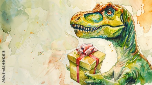 Fototapeta Naklejka Na Ścianę i Meble -  A dinosaur painted in watercolors holds a present
