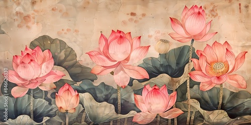 Vintage Chinese chinoiserie botanical watercolor painting drawing of pink lotus wall art, background, wallpaper, wall art