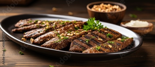 An appetizing plate of grilled kibbeh featuring walnuts on a copy space image.