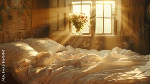 Cozy Morning Sunlight in Rustic Bedroom Generative AI photo
