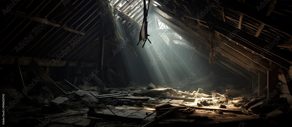 Collapsed roof of a decrepit abandoned house sets an eerie scene suitable for urban exploration and grunge photography with a haunting atmosphere and space for text or imagery. with copy space image Collapsed roof of a decrepit abandoned house sets an eerie scene suitable for urban exploration and grunge photography with a haunting atmosphere and space for text or imagery. with copy space image