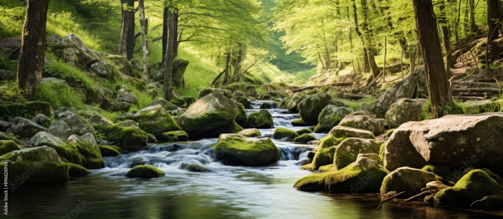 Beautiful spring stream flowing through a mountain forest landscape with river rocks, providing a tranquil scene with copy space image opportunity. Beautiful spring stream flowing through a mountain forest landscape with river rocks, providing a tranquil scene with copy space image opportunity.