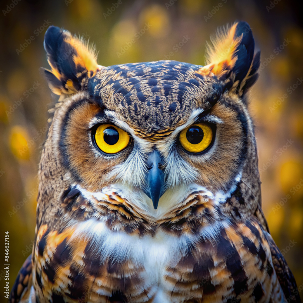 Obraz premium Close-Up of Owl’s Face with Piercing Yellow Eyes and Detailed Feathers - Symbol of Wisdom and Mystery, Perfect for Nature Photography and Birdwatching.
