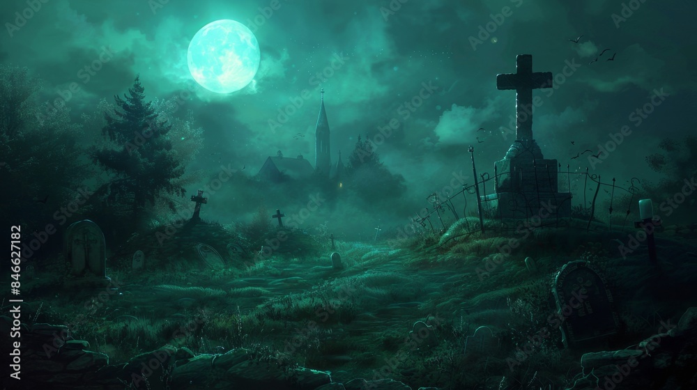 Haunted Graveyard at Night with Full Moon - Generative AI Haunted Graveyard at Night with Full Moon - Generative AI