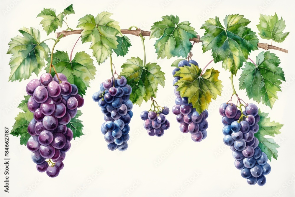 Fototapeta premium A string of purple grape illustrations on a white background